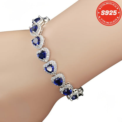 S925 Sterling Silver Blue Heart-Shaped Full Moissanite Bracelet for Women – Elegant Luxury Style, Perfect Gift for Sisters, Mothers, Anniversary, Valentine's Day & Christmas