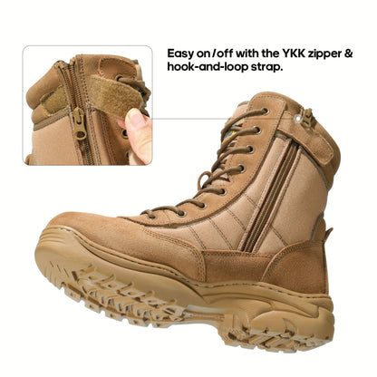 Men's Leather Tactical Combat Boots Side Zipper 9-Inch Non-Slip Lightweight - Hiking Motorcycle Outdoor Boots US 6.5-15