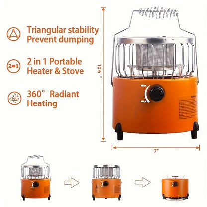 9000 BTU 2-in-1 Propane Camping Stove & Heater with Gas Hose & MAPP Converter – Adjustable Flame Portable Indoor Outdoor Gas Burner, Stainless Steel, 10.7x7 Inch Compact Design for Camping Cooking & Emergency Use
