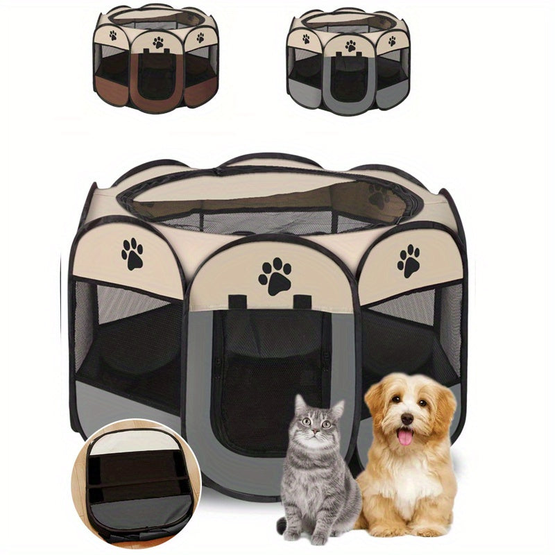 Foldable Pet Playpen Fence Octagonal Oxford Cloth - Anti-Grab Portable Indoor Outdoor Pet Enclosure Tent for Dogs Cats Rabbits S M L Sizes - Travel Pet Yard Beige Brown Beige Gray