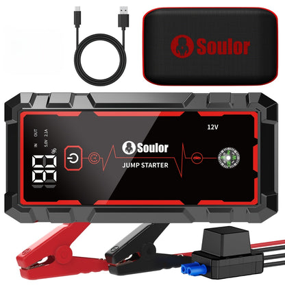 Portable Car Jump Starter 3000A-6000A – 12V Lithium Battery Booster Pack, Dual USB QC 3.0 Fast Charging Power Bank, LED Light & Compass, Fits All Gas Engines