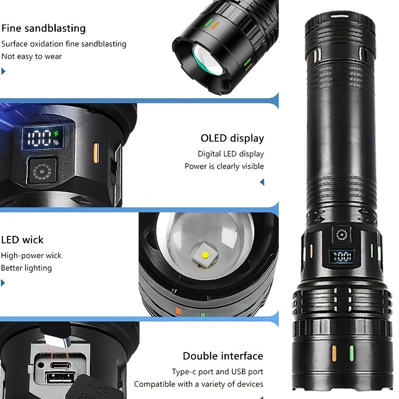 Rechargeable LED Tactical Flashlight 1500 Lumens with Adjustable Zoom, Shoulder Strap, 4 Modes for Camping, Hunting, Farm Inspection & Emergency Outdoor Use