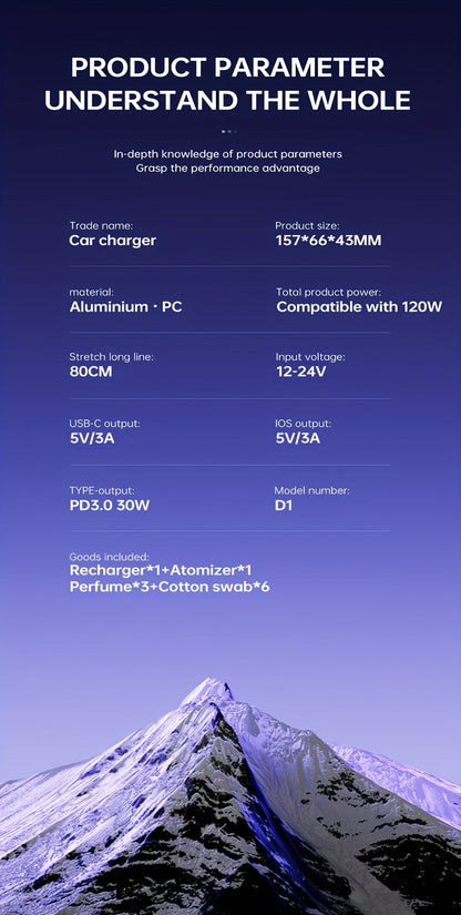 3-in-1 Car Charger Air Freshener & Starry Sky Ceiling Light – Dual Retractable Type-C & Lightning Cable 80cm, Aromatherapy Diffuser for iPhone 16/15 Samsung S25/S24, Car Interior Upgrade Gift