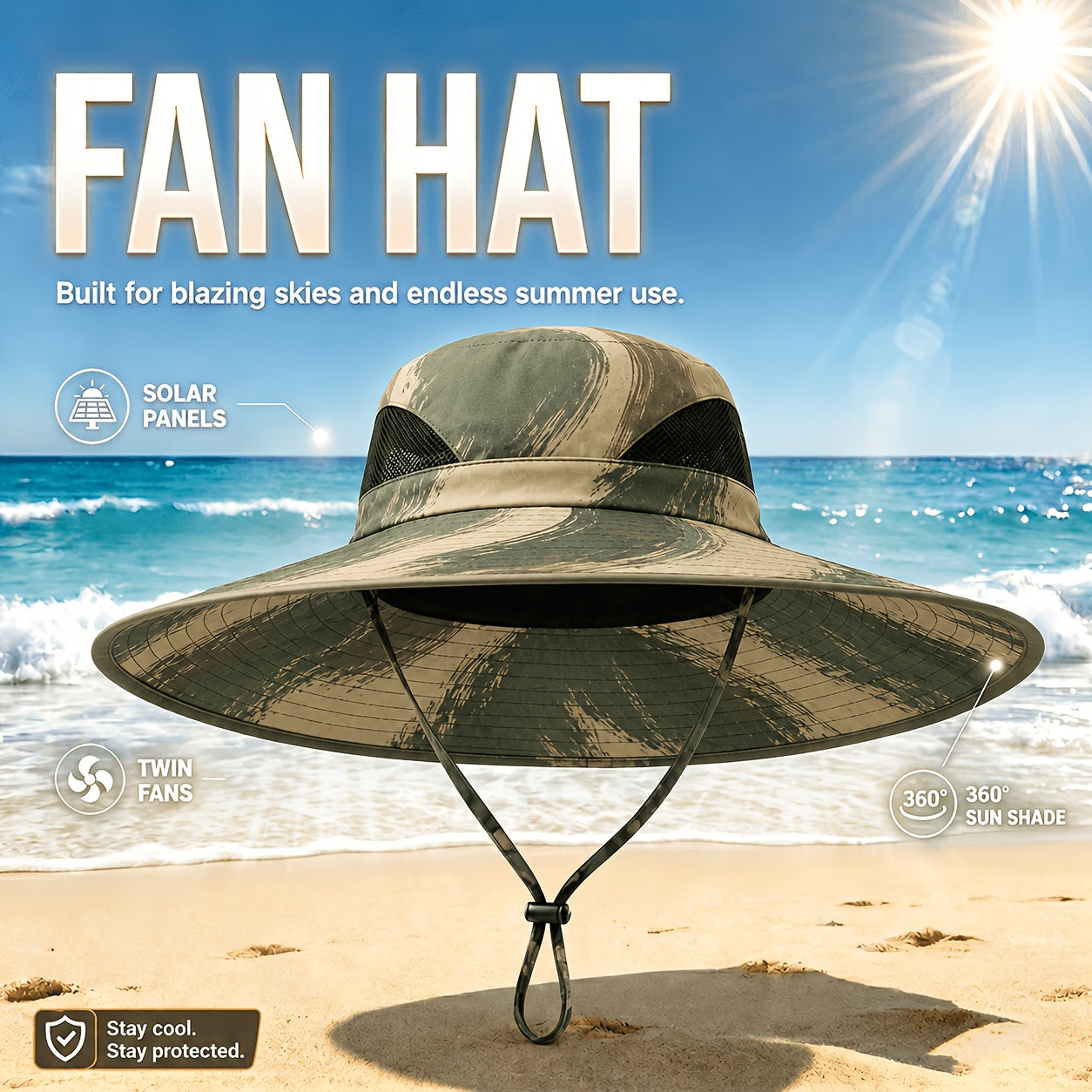 Solar Powered Cooling Fan Wide Brim Sun Hat – 2 Built-In Solar Fans, Adjustable Wind Speed, Breathable Mesh, UV Protection Outdoor Hat with Chin Strap for Fishing, Camping & Travel