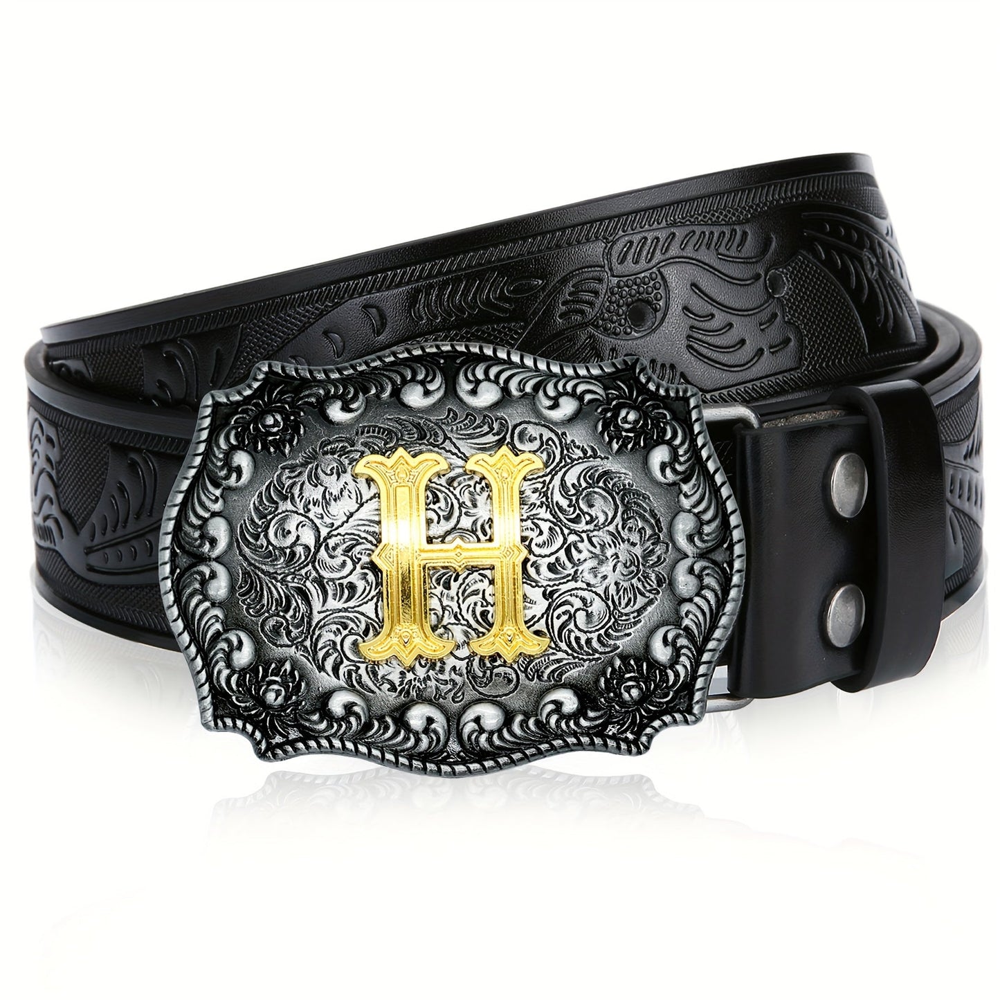 Western Cowboy Belt for Men & Women Embossed Floral Faux Leather – Longhorn Bull Pattern Big Buckle Zinc Alloy, Sizes 34-44, Stylish Durable Country Western Dress Belt Gift for Christmas Father's Day