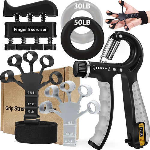 6-Piece Grip Strength Trainer Set – Adjustable Hand Gripper 10-130lbs with Auto Counter, Finger Exerciser, Forearm Workout Rings & Finger Stretcher, Hand Strengthener for Men Women All Hand Sizes