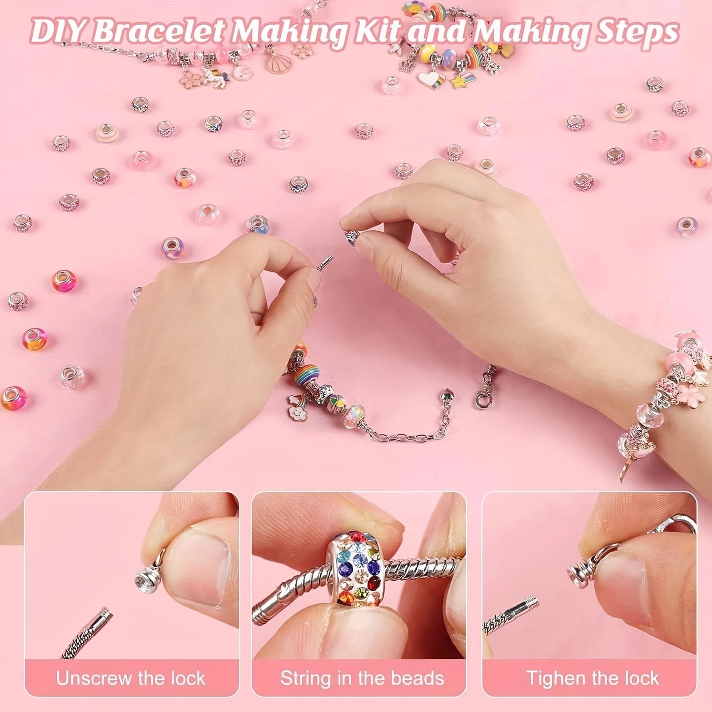 134pcs Charm Bracelet Making Kit – Cute DIY Jewelry Beading Set with 120 Beads, 6 Bracelets, 6 Necklaces, Jewelry Box & Gift Bag, Best Birthday New Year Gift for Girls Kids Teens