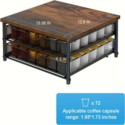 K-Cup Coffee Pod Holder Counter Storage Drawer Organizer for Keurig Nespresso Capsules Sliding Basket Double Layer 48 Pod Capacity Kitchen Countertop Coffee Station Brown