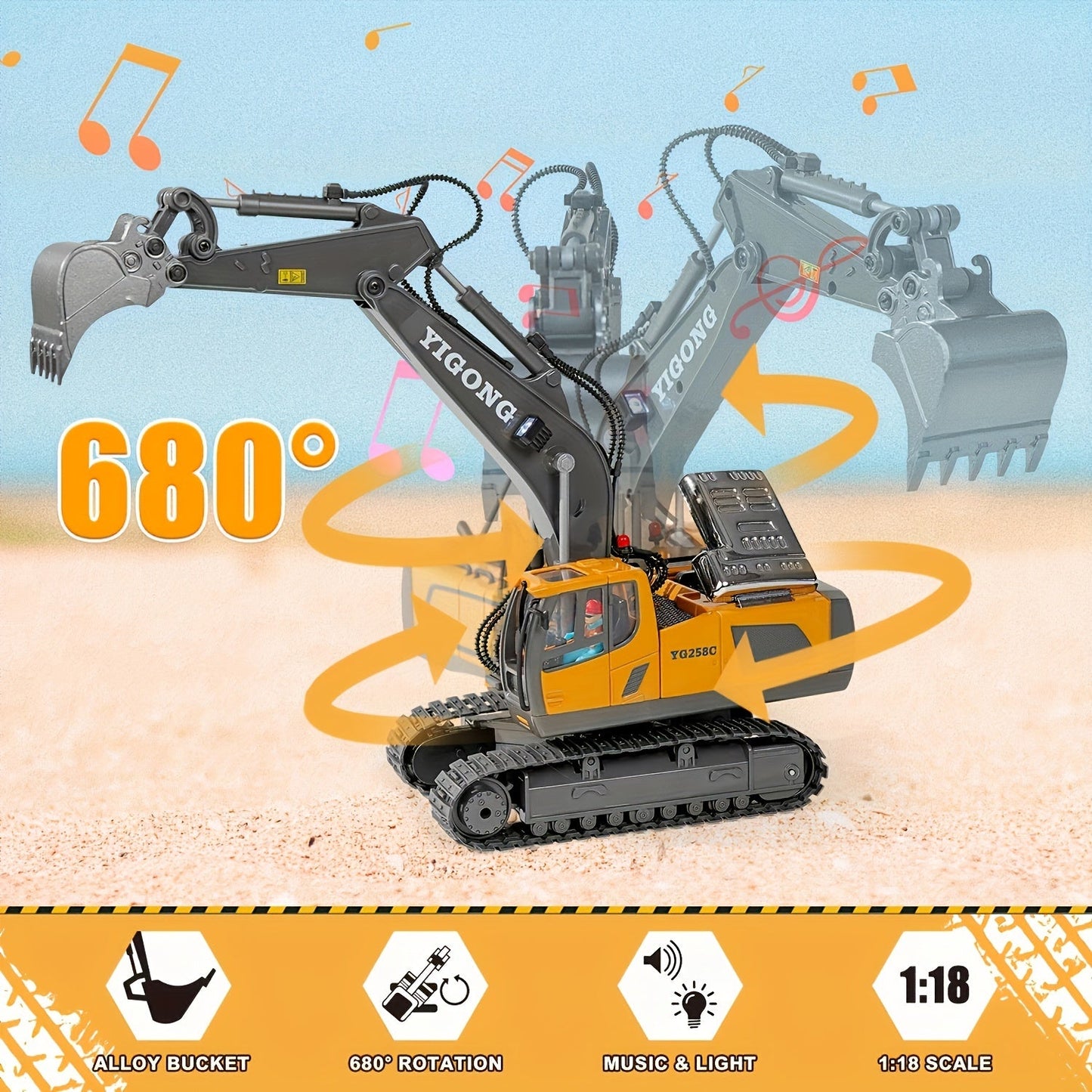 Remote Control Excavator Toy Set with Metal Shovel LED Lights 1200mAh Battery RC Construction Truck Bulldozer Dump Truck Loader Combo for Boys Ages 6 and Up Birthday Christmas Gift