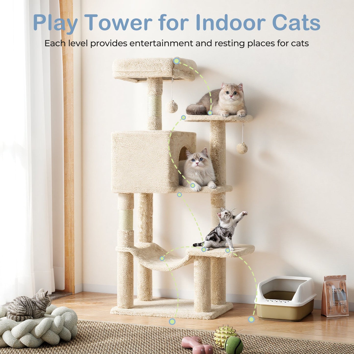44-Inch Cat Tree Tower for Indoor Cats with Condo, Hammock & Natural Sisal Scratching Posts – Multi-Level Cat Furniture with Perches & Pet House for Multiple Cats, 5 Colors