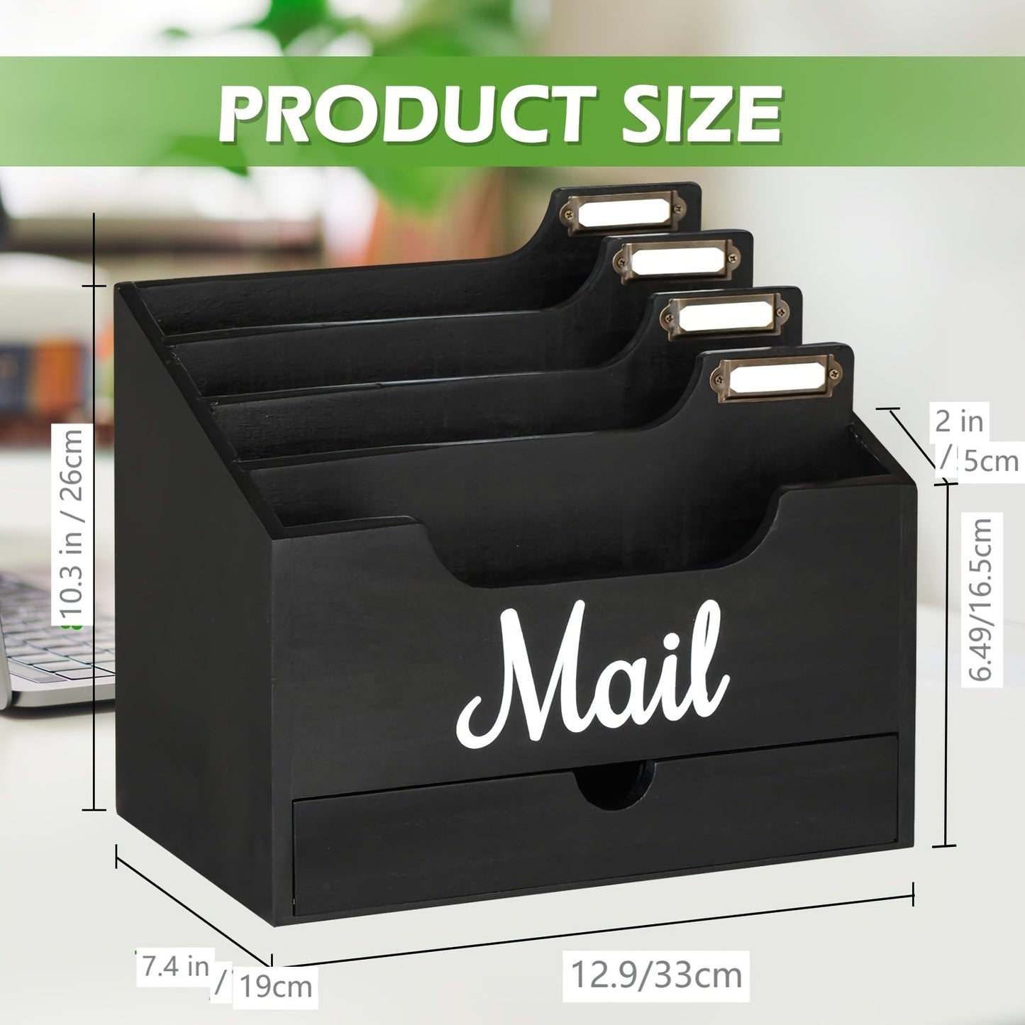 Large Solid Wood Desktop Mail Organizer with Drawer and 4 Compartments Labelable Dividers for Files Letters Paper Folders Desk Organizer for Home Office Students and Professionals