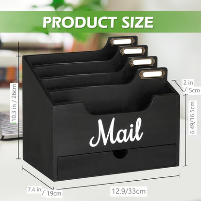 Large Solid Wood Desktop Mail Organizer with Drawer and 4 Compartments Labelable Dividers for Files Letters Paper Folders Desk Organizer for Home Office Students and Professionals
