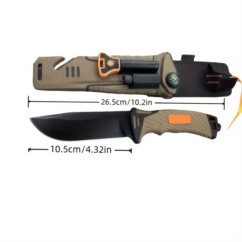 9.6-Inch Outdoor Fixed Blade Knife with Multi-Function Sheath - Black & Orange Straight Knife for Wilderness Exploration, Canyon Traversing, Mountain Hiking & Hunting, Designed for Men