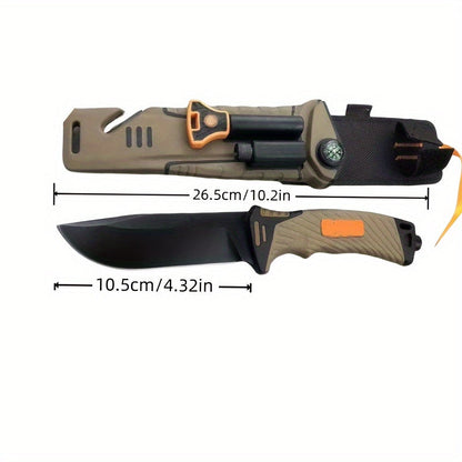 9.6-Inch Outdoor Fixed Blade Knife with Multi-Function Sheath - Black & Orange Straight Knife for Wilderness Exploration, Canyon Traversing, Mountain Hiking & Hunting, Designed for Men