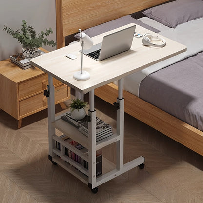 Height Adjustable Rolling Laptop Table with 4 Wheels & Dual Shelves – Mobile Workstation Desk for Bedside Dorm Office Living Room, Sturdy Steel Frame Space-Saving Design