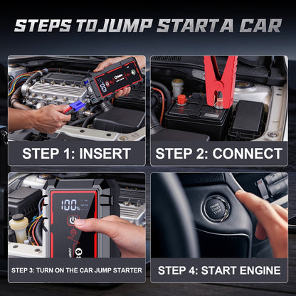 Portable Car Jump Starter 3000A-6000A – 12V Lithium Battery Booster Pack, Dual USB QC 3.0 Fast Charging Power Bank, LED Light & Compass, Fits All Gas Engines