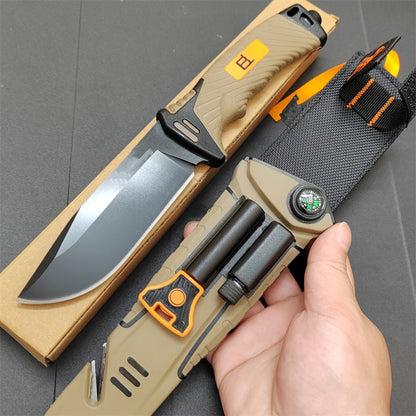 9.6-Inch Outdoor Fixed Blade Knife with Multi-Function Sheath - Black & Orange Straight Knife for Wilderness Exploration, Canyon Traversing, Mountain Hiking & Hunting, Designed for Men
