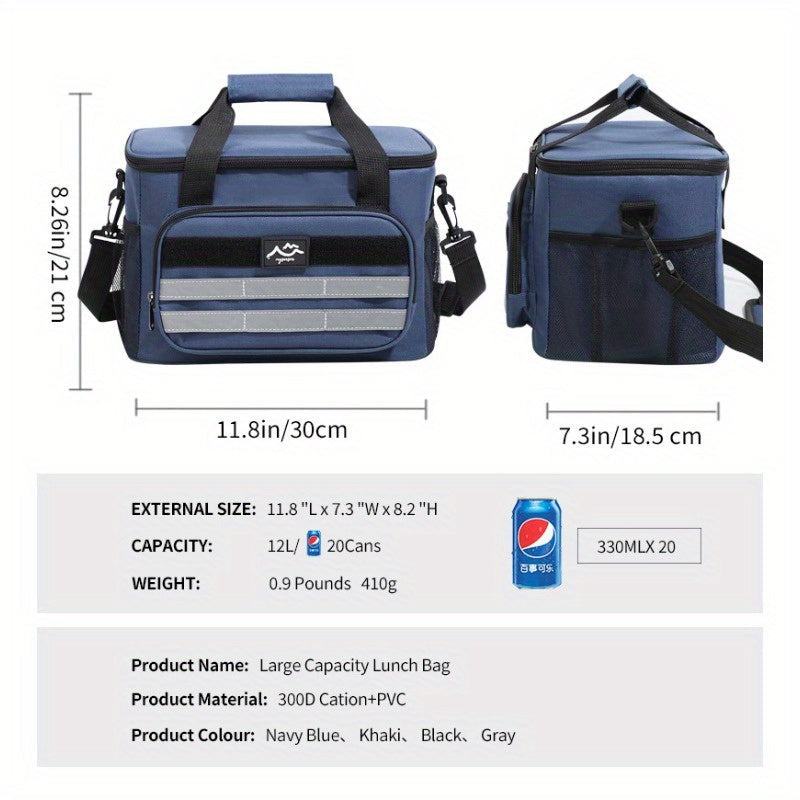 Large Capacity Insulated Cooler Bag Leakproof Portable Food Storage for Picnic Camping Beach Lunch, Durable Handle Soft Sided Cooler Tote with Thick Insulation - Black Navy Grey Khaki