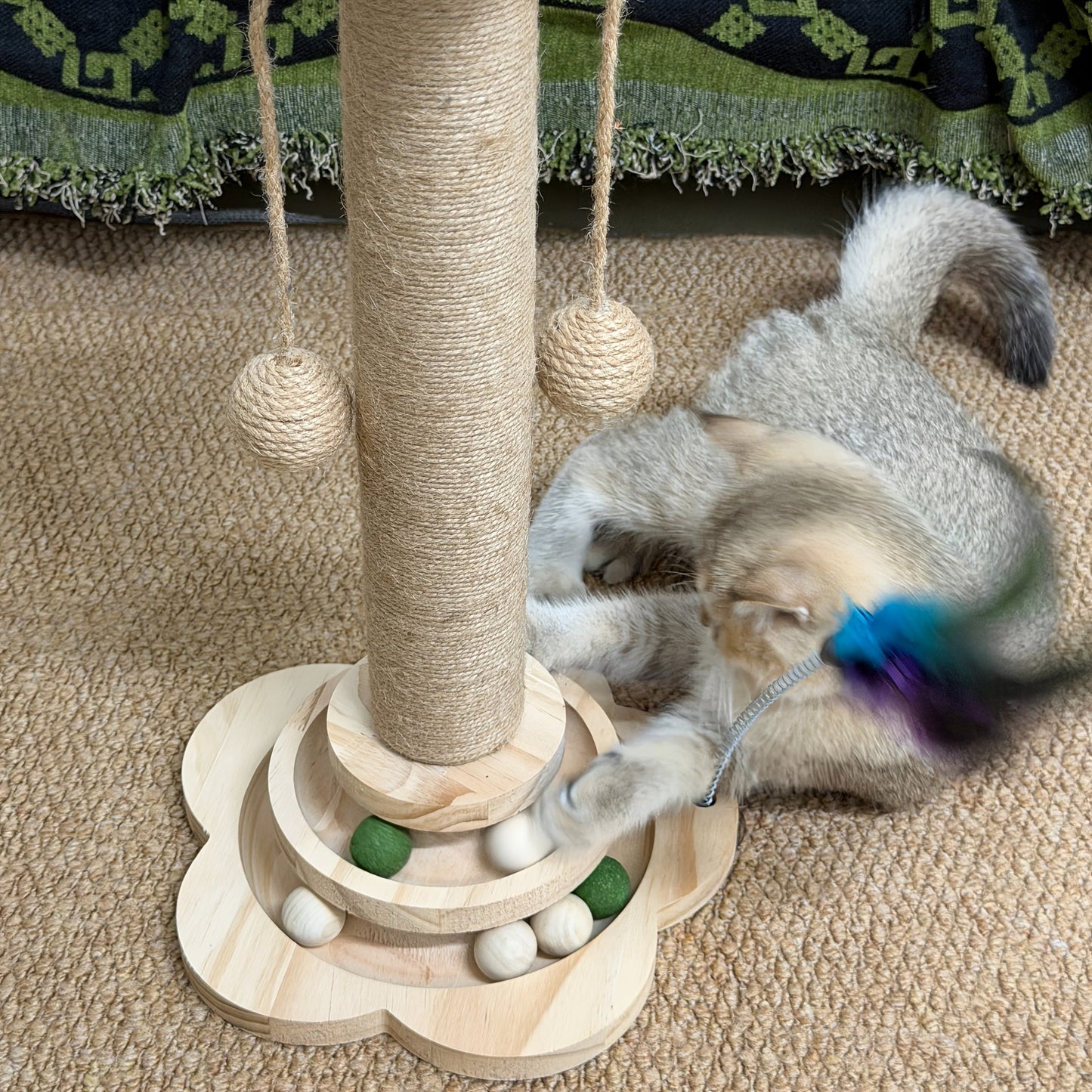 Multi-Level Cat Scratching Post Premium Sisal with 6 Wooden Toy Balls 2 Hanging Balls 2 Feather Teaser Toys Non-Slip Base Interactive Cat Tree for Indoor Cats Kittens