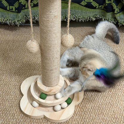Multi-Level Cat Scratching Post Premium Sisal with 6 Wooden Toy Balls 2 Hanging Balls 2 Feather Teaser Toys Non-Slip Base Interactive Cat Tree for Indoor Cats Kittens
