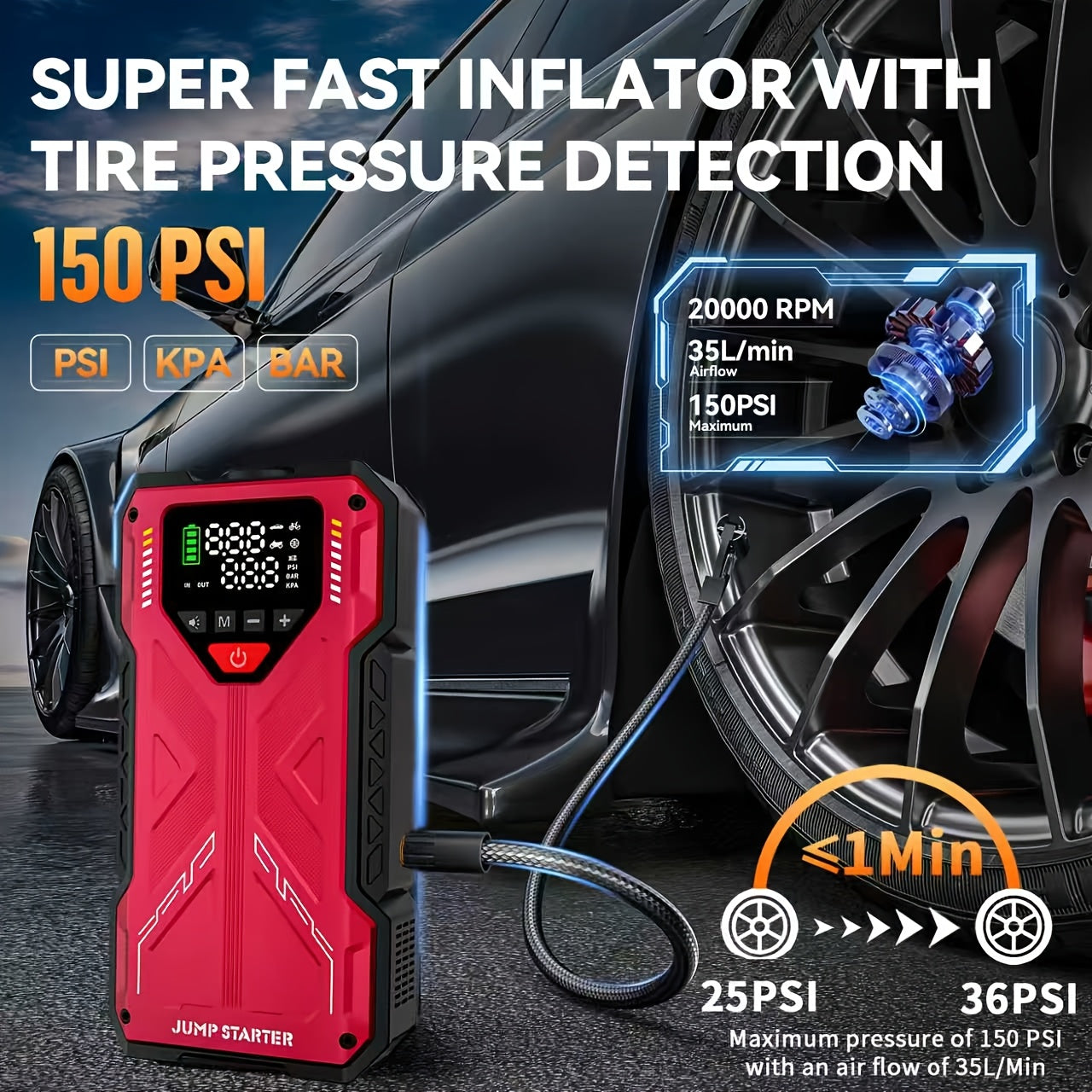 7000A Portable Jump Starter with Air Compressor – 5000A/7000A Peak Battery Pack with 150PSI Digital Tire Inflator, Fits 10L Gas & 2.38gal Diesel, Fast USB Charging & LED Emergency Light