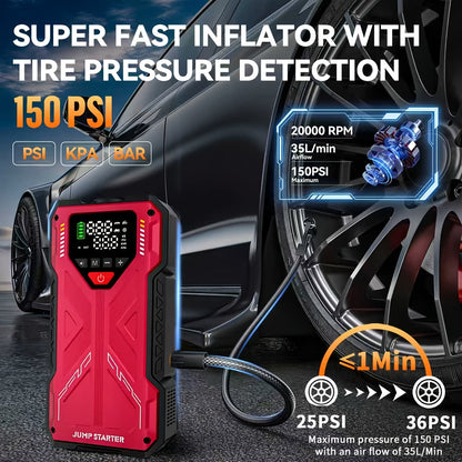 7000A Portable Jump Starter with Air Compressor – 5000A/7000A Peak Battery Pack with 150PSI Digital Tire Inflator, Fits 10L Gas & 2.38gal Diesel, Fast USB Charging & LED Emergency Light