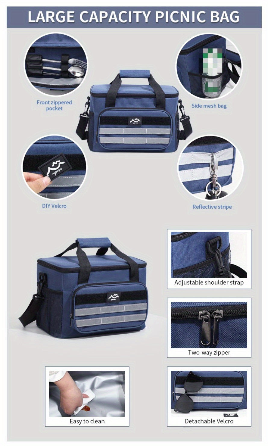 Large Capacity Insulated Cooler Bag Leakproof Portable Food Storage for Picnic Camping Beach Lunch, Durable Handle Soft Sided Cooler Tote with Thick Insulation - Black Navy Grey Khaki