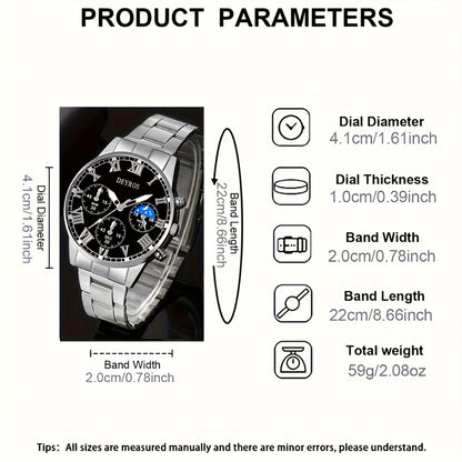 Men's Stainless Steel Chronograph Quartz Watch Set with Necklace & Bracelet – 3-Piece Business Analog World Time Jewelry Gift Set for Professional Formal Events