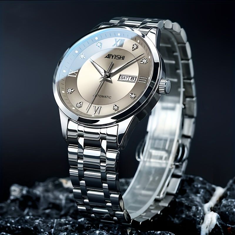 Men's Luxury Quartz Watch Stainless Steel Tourbillon Dial Date Display Night Glow Sports Dress Watch Elegant Timepiece Father's Day Gift for Men