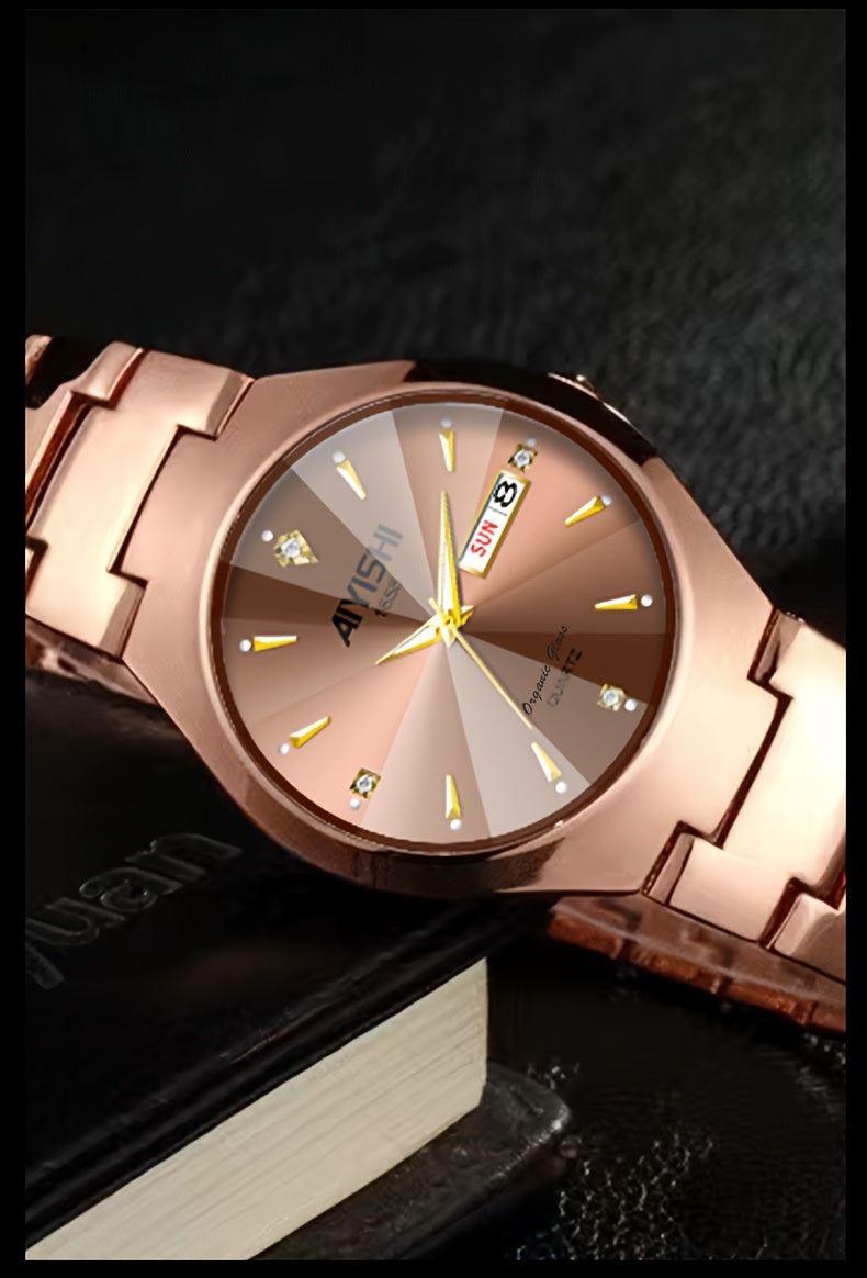 Men's Luxury Quartz Wristwatch with Double Calendar and Luminous Hands – Elegant Business Stainless Steel Watch for Men, Classic Gold Black White Dial, Perfect Gift for Him Birthday Anniversary