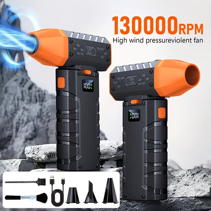 130000 RPM Turbo Fan Blower with USB-C Fast Charging, Smart Display & LED Light – 100 Wind Speed Settings for Car Cleaning, Dust Removal, Leaf Blowing, BBQ & Cooling – Black & Orange