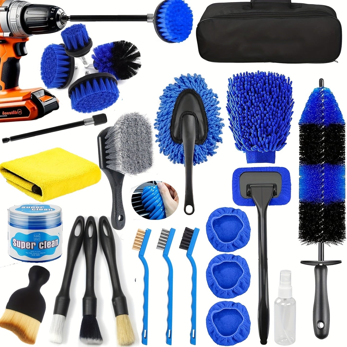 26PCS Car Detailing Brush Set Complete Car Cleaning Kit with Drill Brushes Wash Mitt Tire Brush Window Squeegee Cleaning Gel Spray Bottle for Interior Exterior Wheels Windshield Professional Auto Care
