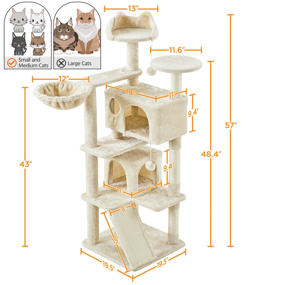 57-Inch Multilevel Cat Tree Tower with 2 Condos – Sisal Scratching Posts, Dangling Ball, Round Platform & Ladder for Indoor Kittens & Small Cats, 6 Colors, Christmas Gift for Cat Lovers