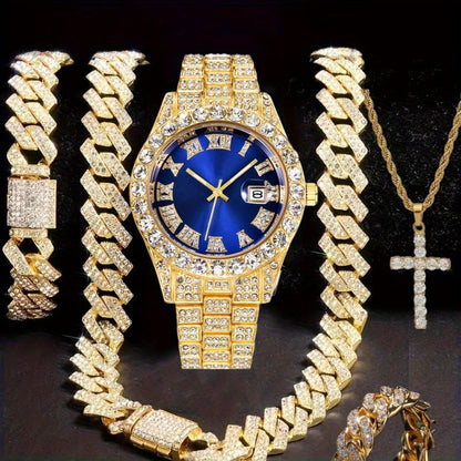 Men's Hip Hop Watch & Jewelry Set - Cuban Chain Pendant Necklace Bracelet Combo, Trendy Bling Accessories for Men, Perfect Gift for Christmas Birthday Valentine's Day Father's Day