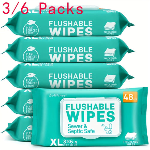 Flushable Wet Wipes Extra Large Thickened – 144 or 288 Count (3-Pack or 6-Pack x 48ct), Alcohol-Free, Plant-Based, Septic & Sewer Safe, Sensitive Skin & Baby Safe