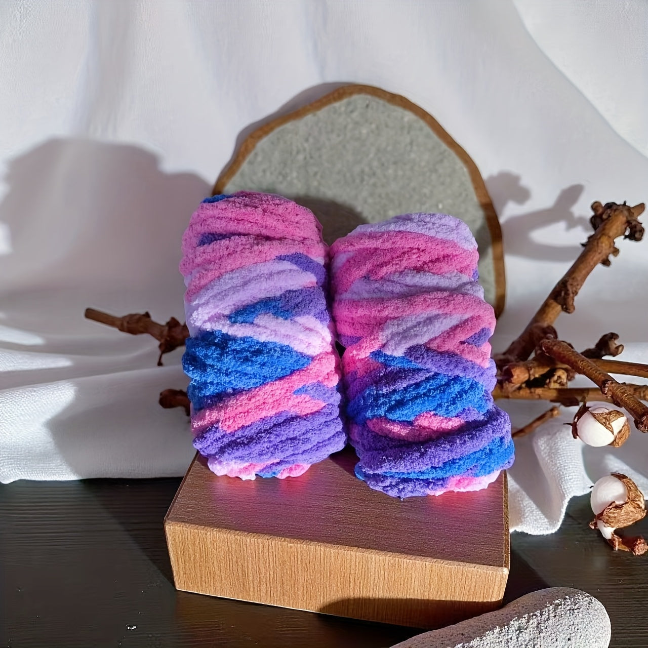 Chunky Chenille Yarn 2 Skeins 500g Hand Knitting Blanket Crochet Multicolor Striped Soft Polyester Extra Thick Plush DIY Gift for Women Men