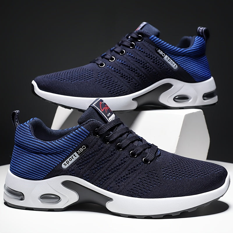 Men's Air Cushion Athletic Sneakers – Breathable Lace-Up Casual Sports Shoes with Slip-Resistant Sole, Black & White or Black Blue, Sizes US 6.5–11.5, Sporty Urban Style