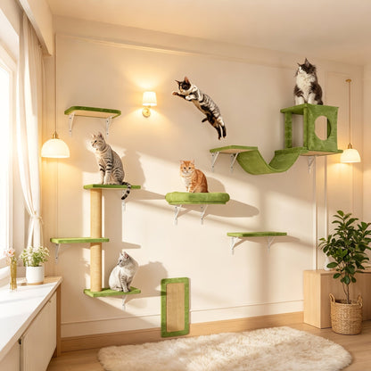 7-Piece Wall Mounted Cat Climbing Shelf Set – Deluxe Indoor Cat Furniture with Cat Condo, Wall Shelves, Scratching Post, Bridge Ladder & Tunnel, Space-Saving Cat Wall Playground for All Cat Sizes