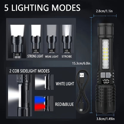 2 Pack Rechargeable LED Tactical Flashlight with Telescopic Zoom, COB Side Light & 5 Modes, High Power Handheld Flashlight USB-C for Camping Hiking Biking Emergency – Best Gift for Him