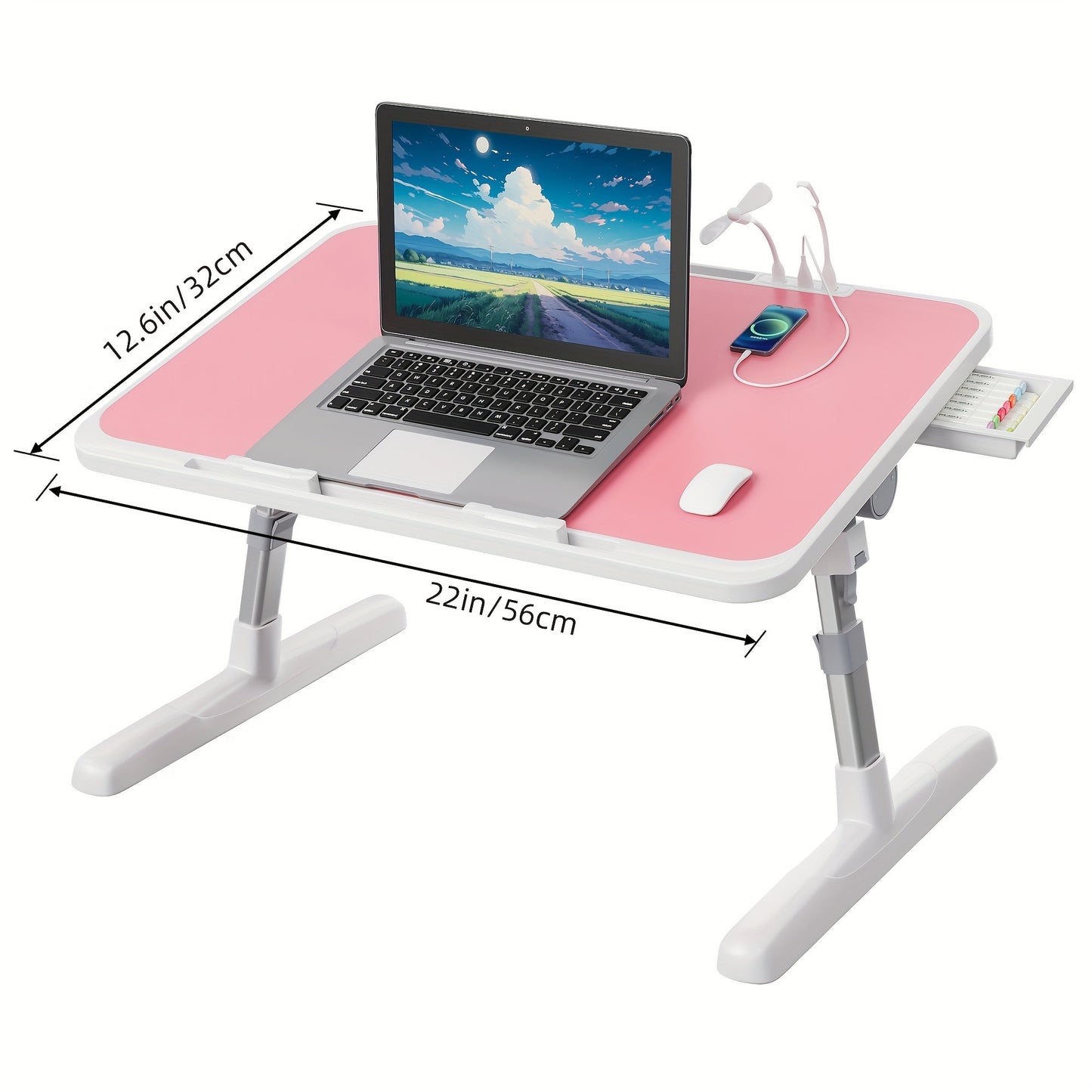 Lap Desk Bed Tray Table with USB Light Fan & Drawer – Adjustable Portable Laptop Stand for Bed Couch Sofa, Laptop Desk for Reading Writing Eating, 10 Colors & Sizes