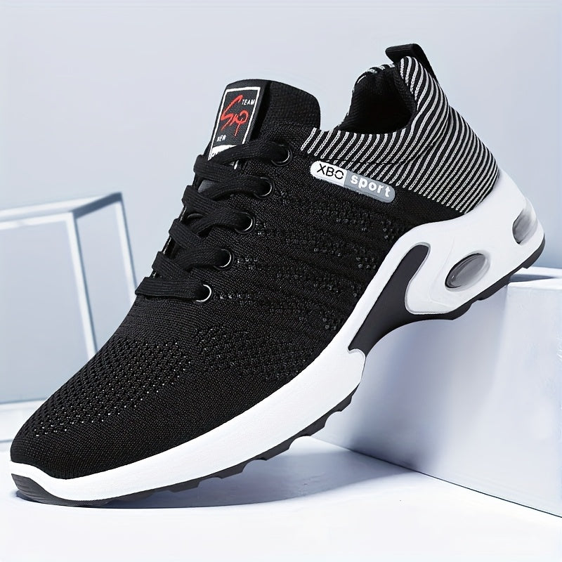 Men's Air Cushion Athletic Sneakers – Breathable Lace-Up Casual Sports Shoes with Slip-Resistant Sole, Black & White or Black Blue, Sizes US 6.5–11.5, Sporty Urban Style