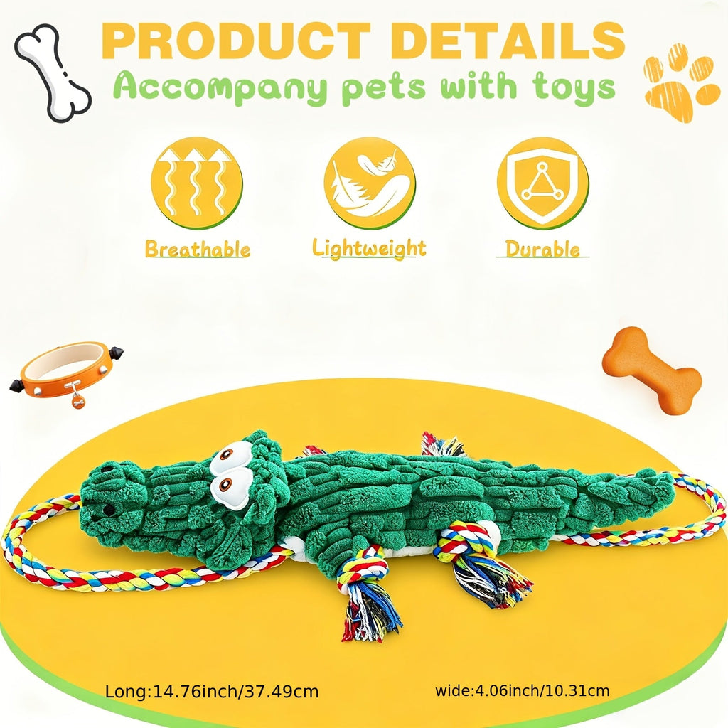 Crocodile Squeaky Dog Chew Toy with Built-In Squeaker – Durable Cotton Rope & Canvas Tug Toy for Small Medium Large Dogs, Teeth Cleaning, Interactive Tug-of-War, Aggressive Chewer Safe