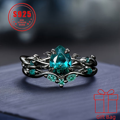 925 Sterling Silver Gothic Black Ring with Synthetic Jadeite Grape Pear Design for Women – Elegant Birthstone Holiday Ring with Gift Bag, Sizes 6-10, Unique Christmas Party Jewelry Gift