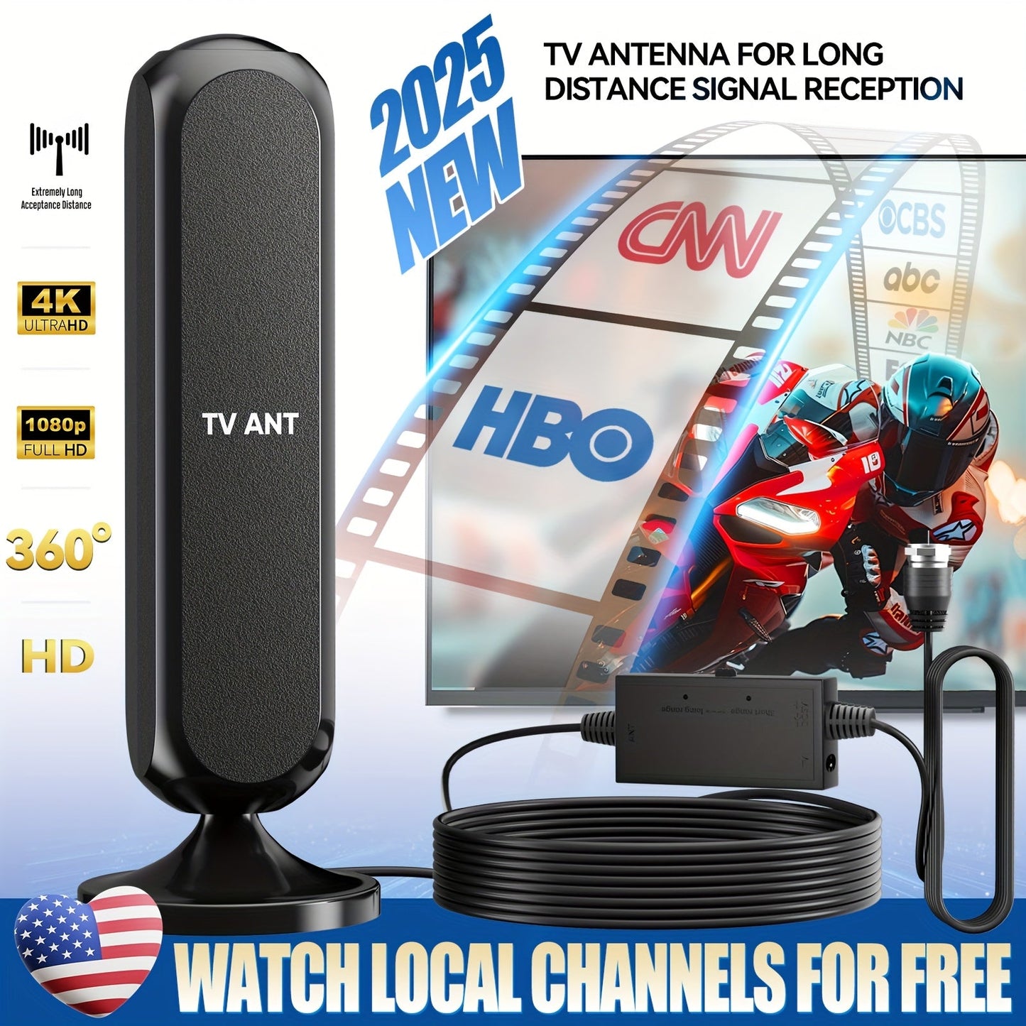 Indoor TV Antenna 200 Mile Range – 4K 1080P HD Signal Amplifier, 360° Reception, 16ft Cable, Free Local Channels, No Monthly Fee, Compatible with All TVs