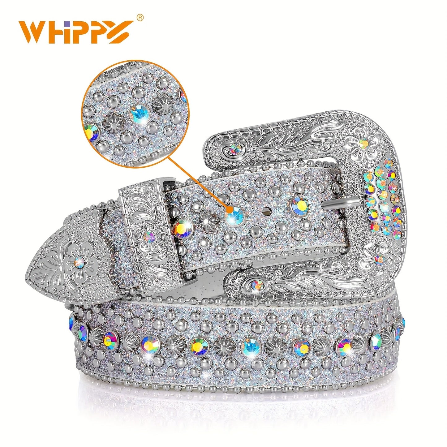 Rhinestone Belt Unisex Western Cowgirl Bling Belt – Sparkling Faux Leather Adjustable Waist Belt with Alloy Buckle for Women Men Sizes S-XL Party Festival Halloween Christmas Gift