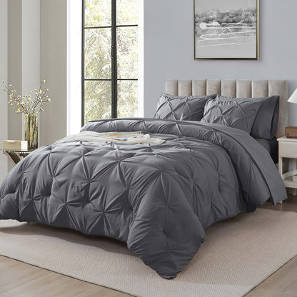 Comforter Set 7 Piece Queen King Full - Soft Microfiber Pintuck Pleated Bed in a Bag Complete Bedding Set with Comforter, Fitted Sheet, Flat Sheet & Pillowcases, All Season Home & Dorm Bedding