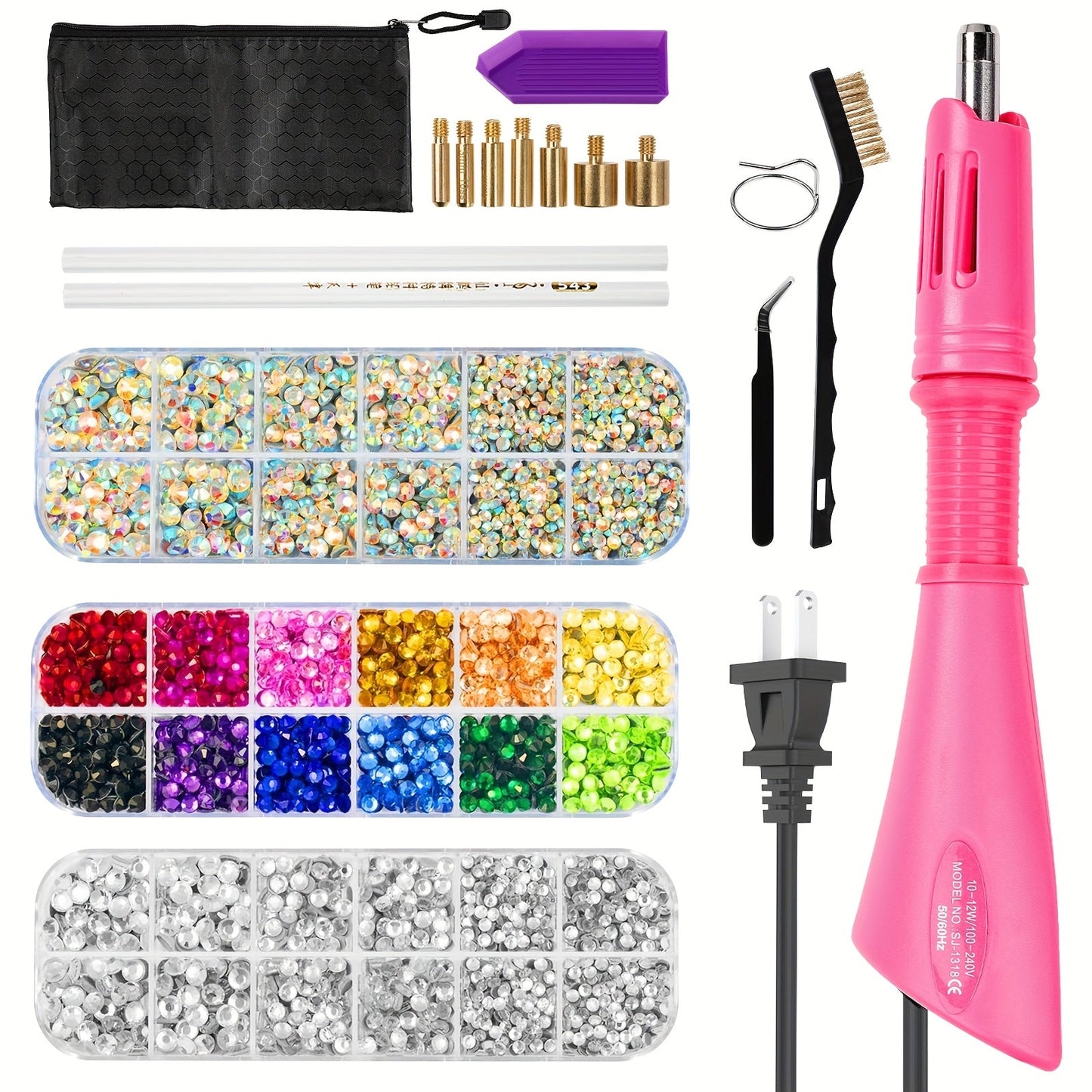 Hotfix Rhinestone Applicator Kit Complete Bedazzling Set with Wand 7 Tips Multi-Color Crystal Stones Tweezers Wax Pens & Storage Bag - DIY Bling Tool for Clothing Fabric Leather Crafts