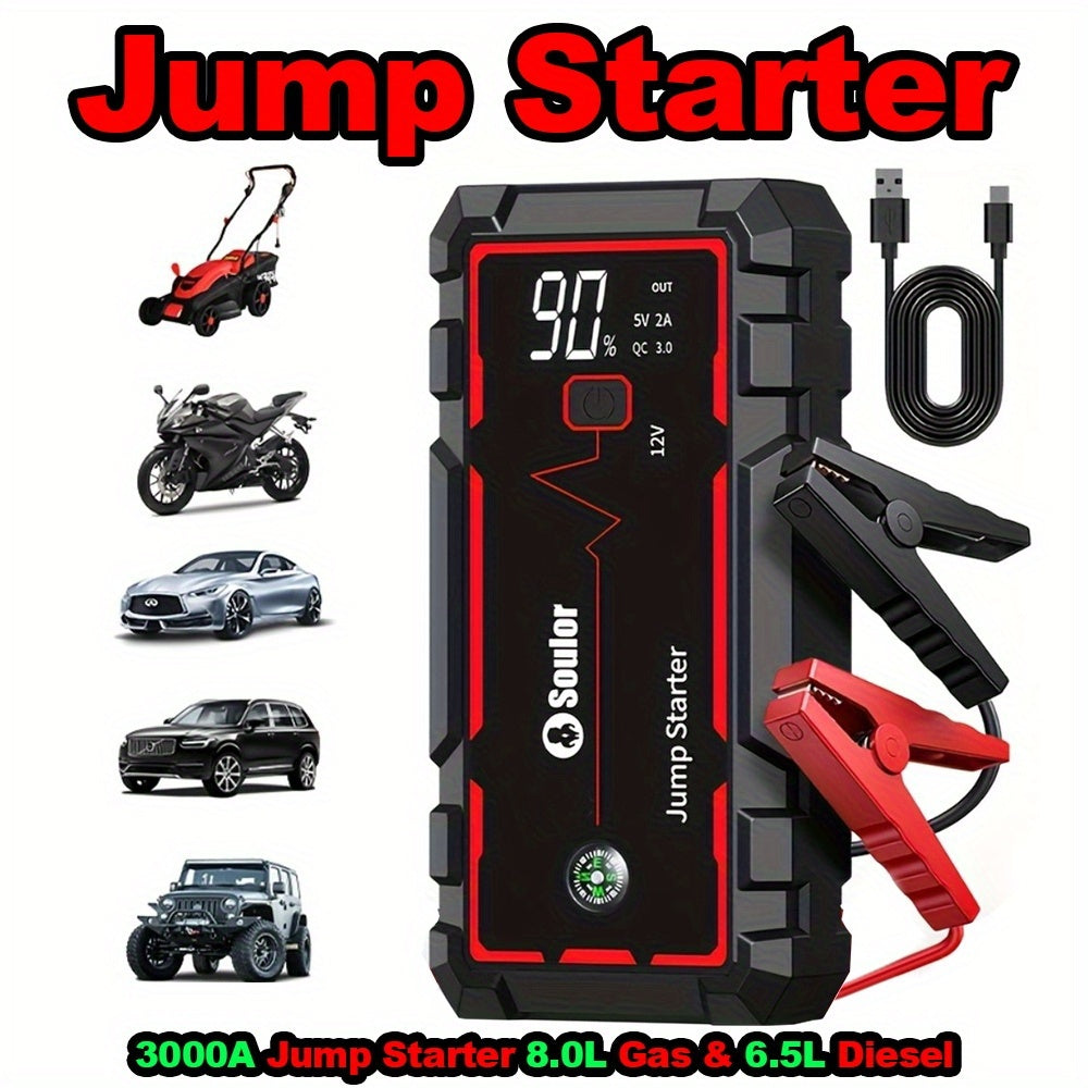 Portable Car Jump Starter 3000A-6000A – 12V Lithium Battery Booster Pack, Dual USB QC 3.0 Fast Charging Power Bank, LED Light & Compass, Fits All Gas Engines