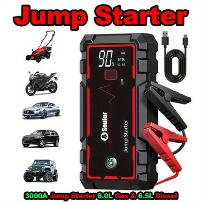 Portable Car Jump Starter 3000A-6000A – 12V Lithium Battery Booster Pack, Dual USB QC 3.0 Fast Charging Power Bank, LED Light & Compass, Fits All Gas Engines