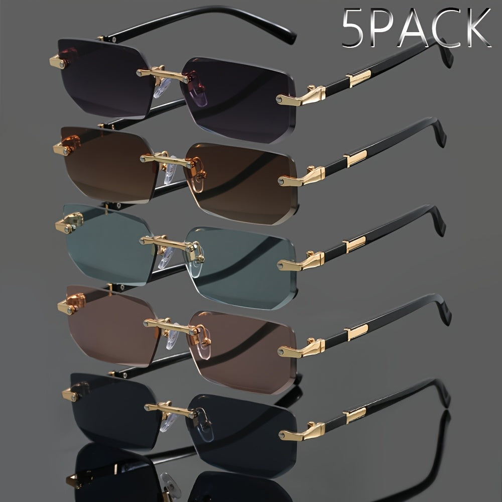 5pcs Frameless Metal Sunglasses Set for Men & Women – Rimless Lightweight Trendy Glasses in Assorted Styles, UV Protection Eyewear for Summer Parties, Street Style & Holiday Gifting